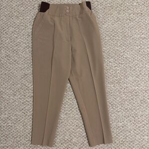 High-Waisted Taupe Dress Pants with Elastic Waist & Button Detail